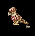 Bird-Shaped Ornament or Finial, Gold, inlaid with diamonds, rubies, and emerald, with hanging seed pearls; lac core